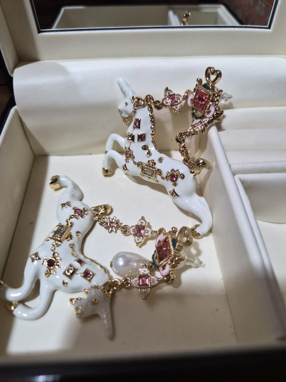 White Enamel Unicorn Drop Earrings with Pink and Gold Accents